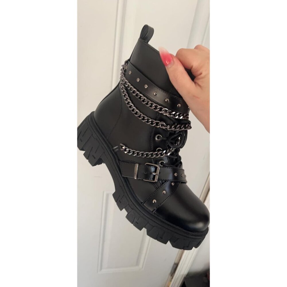 🆕Women,s Combat Moto-9621-black Synthetic leather Ankle Elastic Band Boot